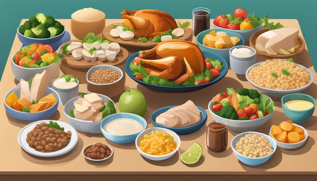 A colorful array of 25 low calorie, high protein foods, including turkey, arranged on a table for weight management