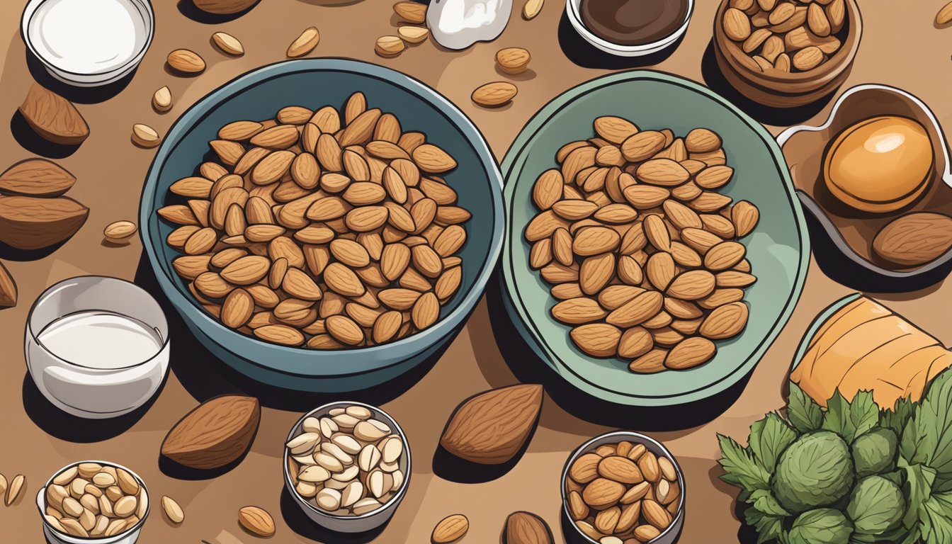 A bowl of almonds surrounded by other low-calorie, high-protein foods on a kitchen counter