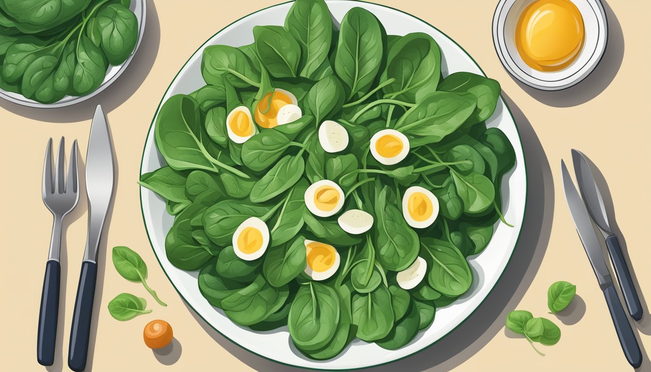 A plate of spinach surrounded by other low calorie, high protein foods