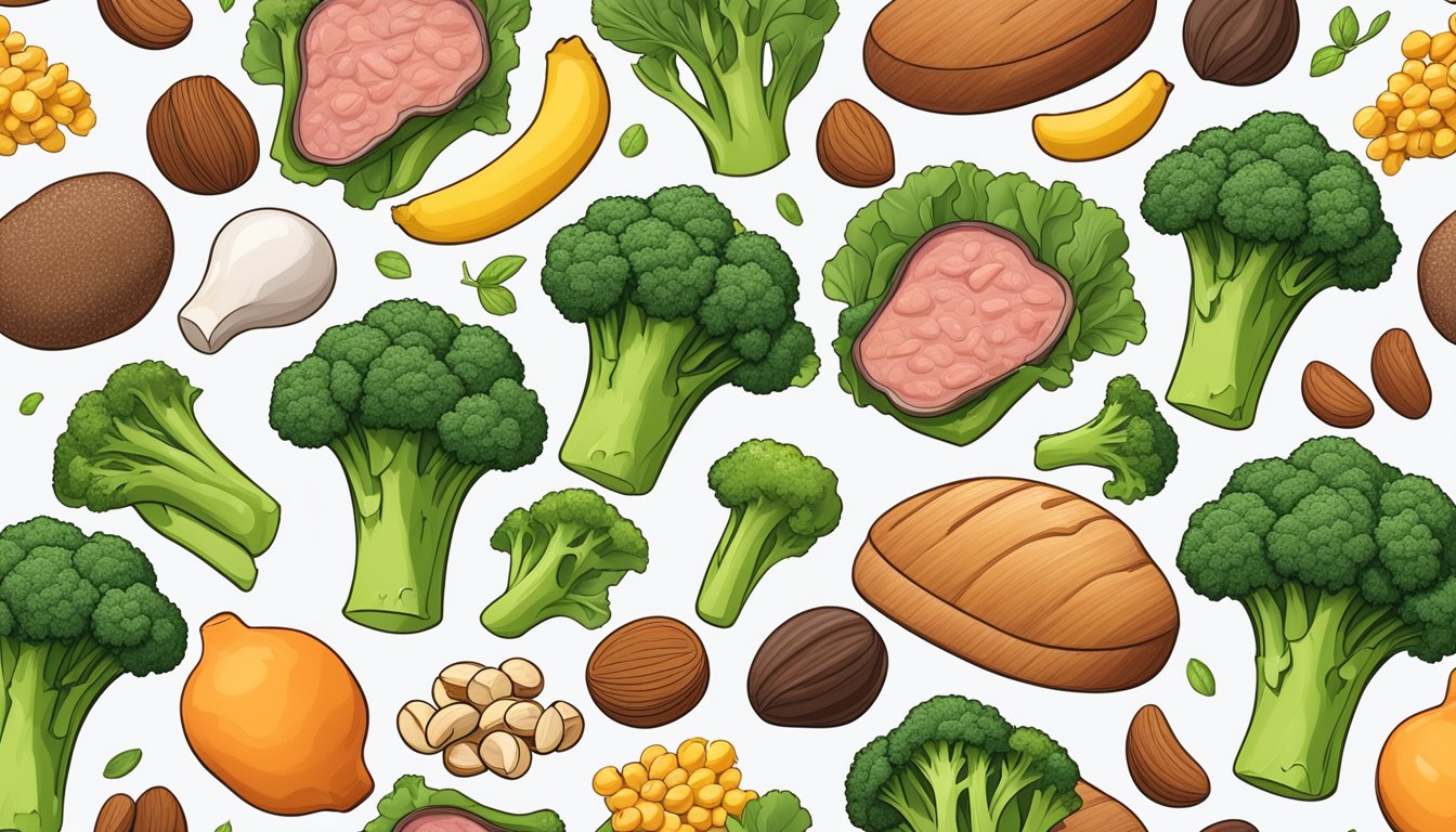 A colorful array of broccoli surrounded by other low-calorie, high-protein foods, such as lean meats, nuts, and legumes, arranged on a clean, white surface