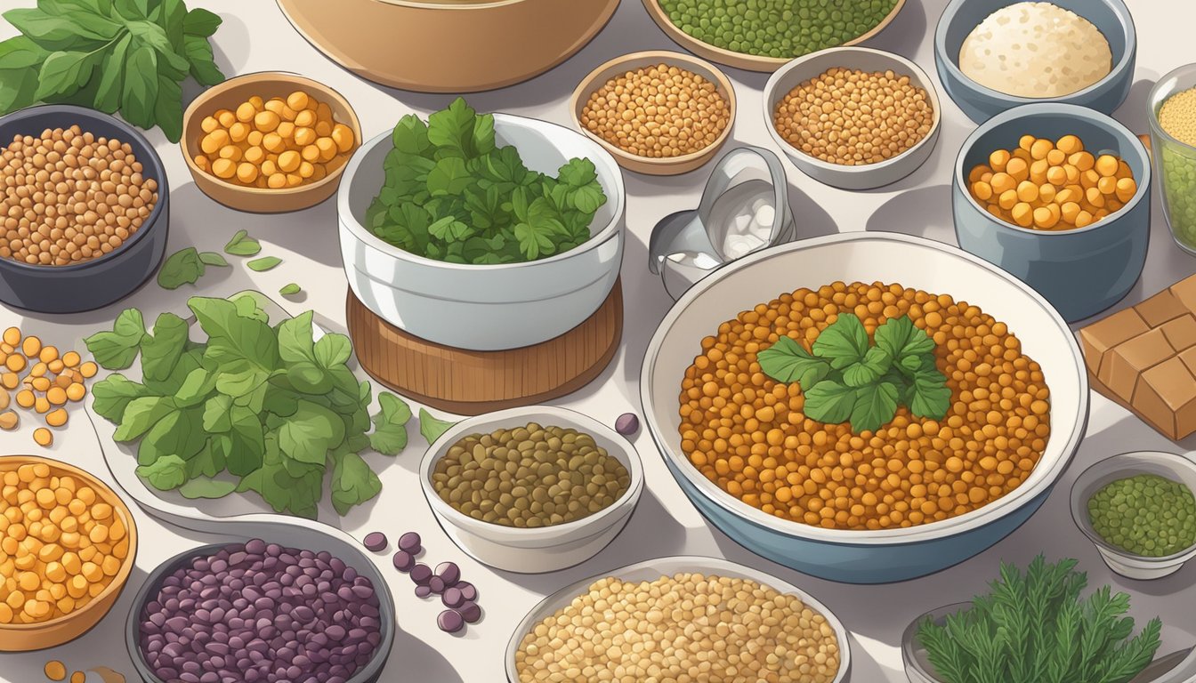 A bowl of lentils surrounded by estrogen-rich foods like tofu, flaxseeds, and chickpeas, with a soft, warm light illuminating the scene