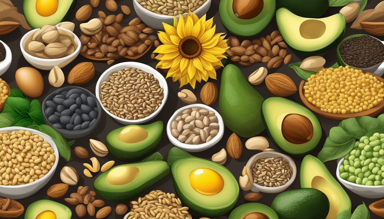 A colorful array of soybeans, sunflower seeds, and nuts, surrounded by avocados, eggs, and poultry, all rich in omega 6 fatty acids