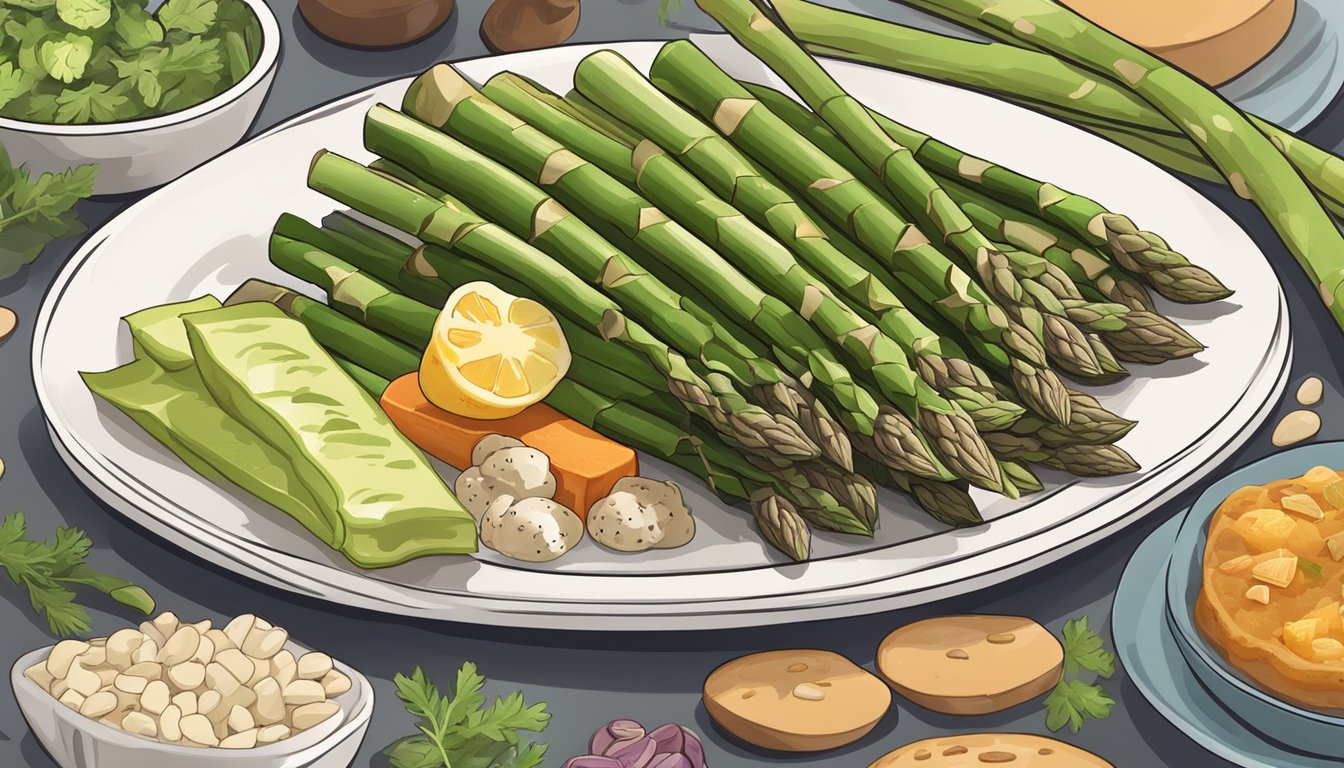 A plate of asparagus surrounded by other low-calorie, high-protein foods