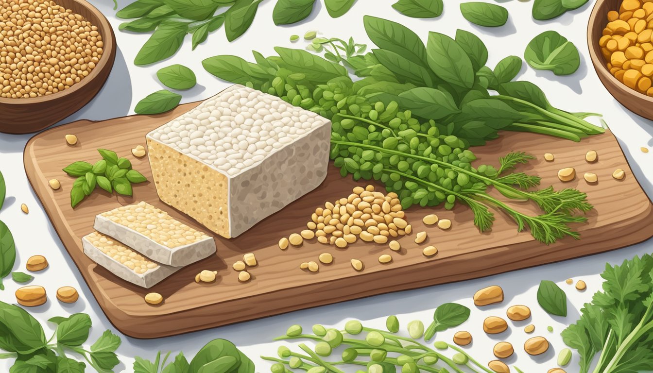 A colorful array of tempeh, soybeans, flaxseeds, and tofu arranged on a wooden cutting board with fresh green herbs scattered around