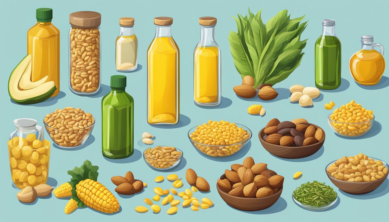 A colorful array of foods such as nuts, seeds, and vegetables surrounded by bottles of corn oil, all rich in omega 6 fatty acids