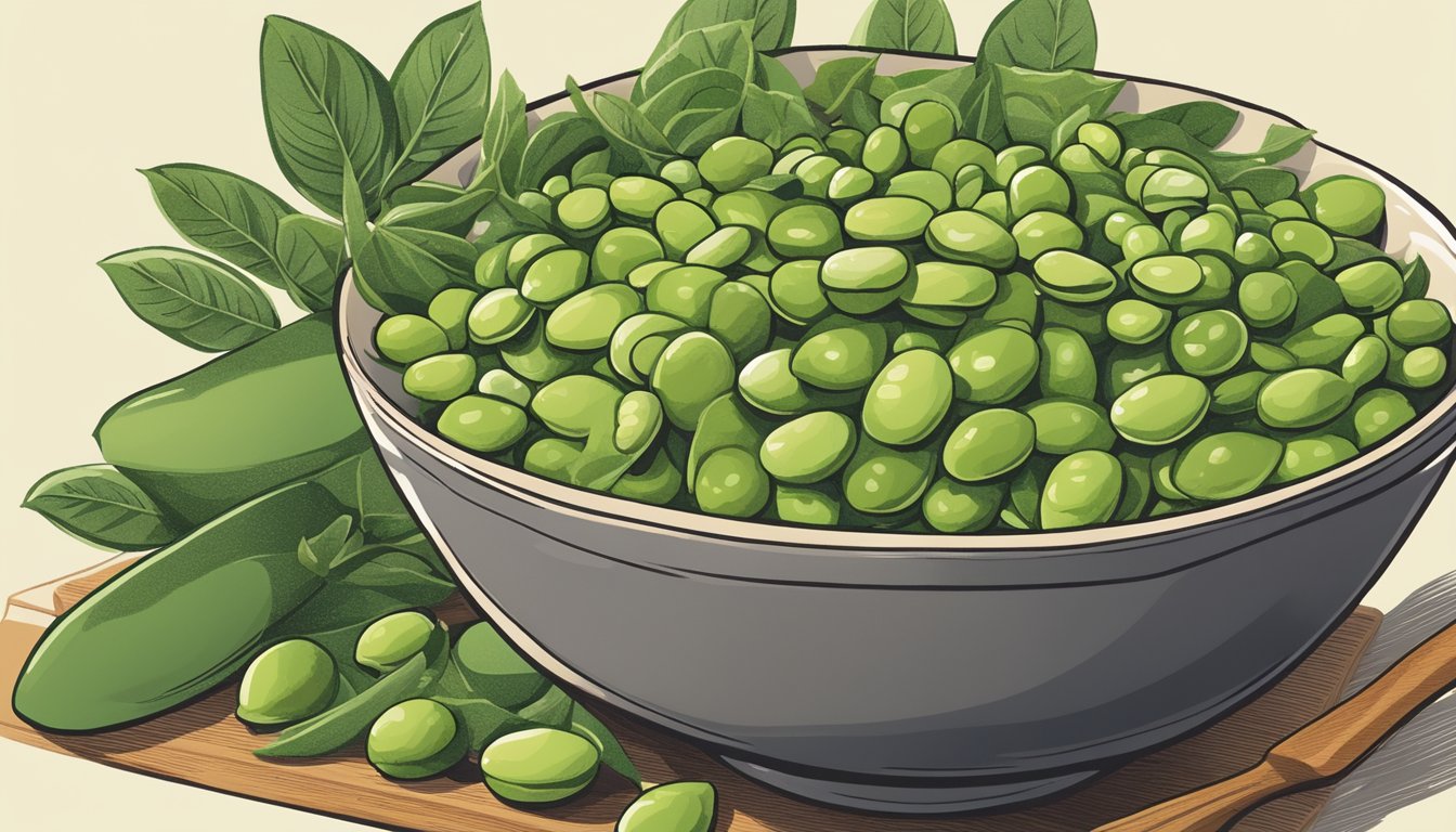 A bowl of edamame surrounded by estrogen-rich foods like tofu, flax seeds, and leafy greens, symbolizing support for menopause