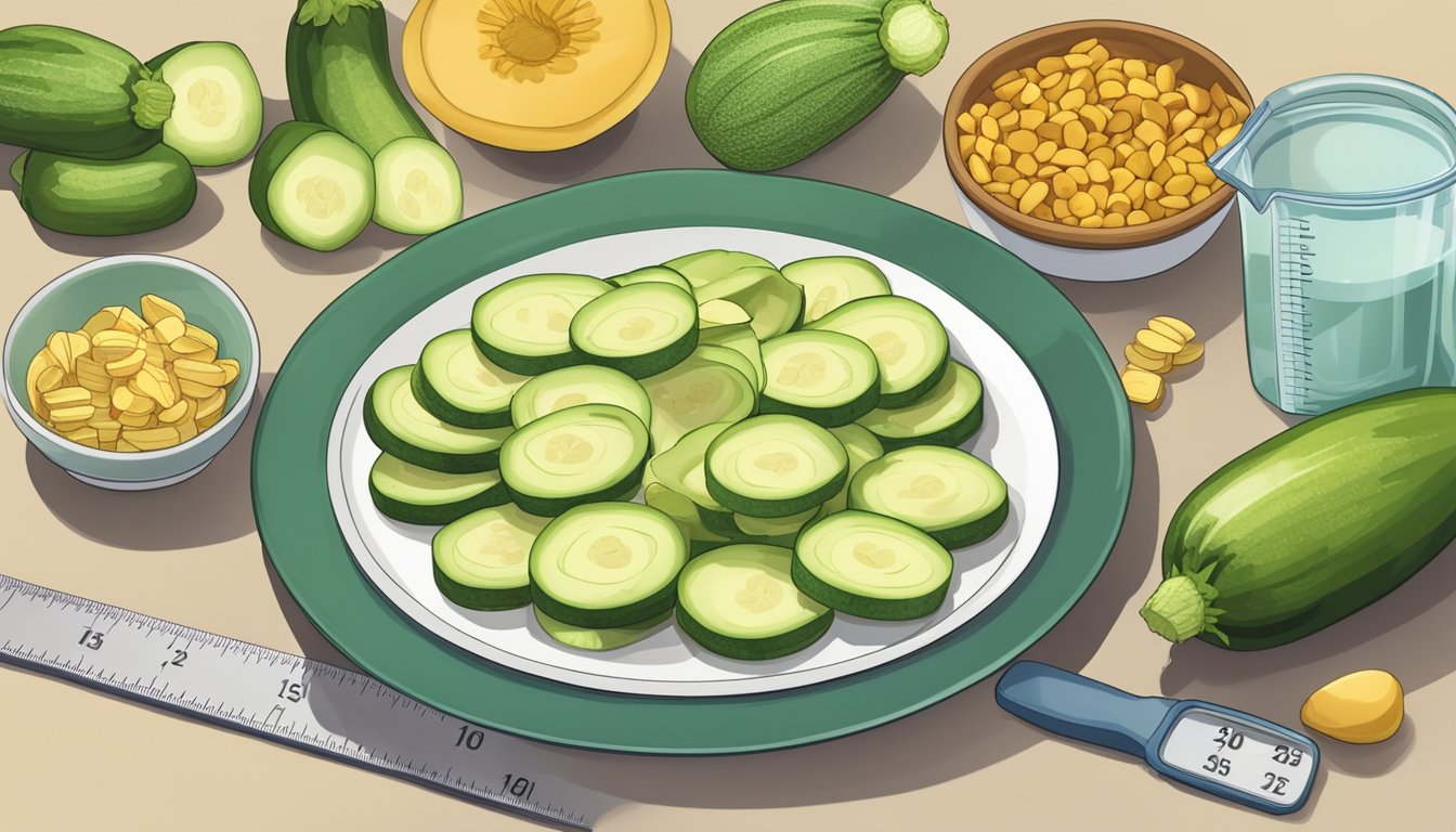 A plate of sliced zucchini surrounded by other low-calorie, high-protein foods, with a measuring tape and scale in the background