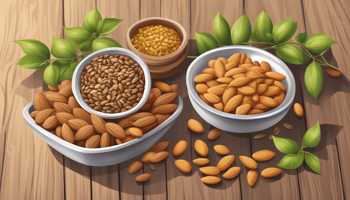 A bowl of almonds surrounded by soybeans and flaxseeds on a wooden table