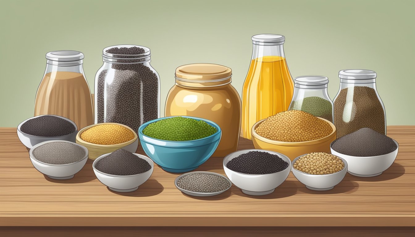 A variety of chia seeds and omega 6-rich foods arranged on a wooden table