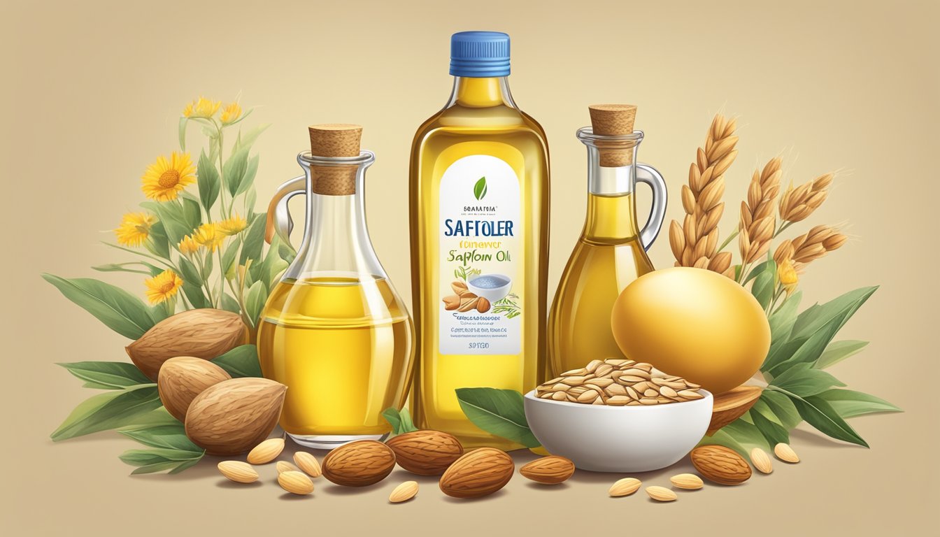 A bottle of safflower oil surrounded by almonds, sunflower seeds, eggs, chicken, pork, beef, and soybean oil