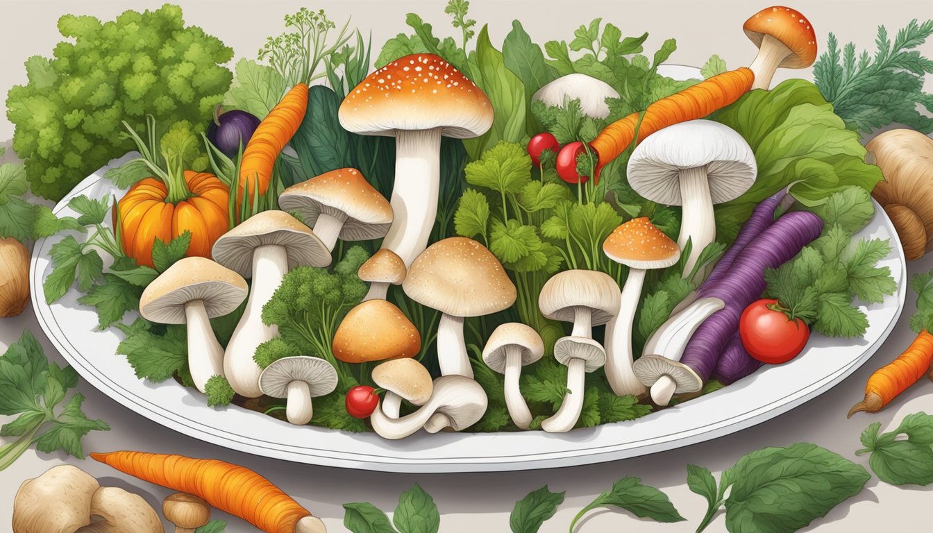 A variety of mushrooms arranged on a plate, surrounded by colorful vegetables and herbs