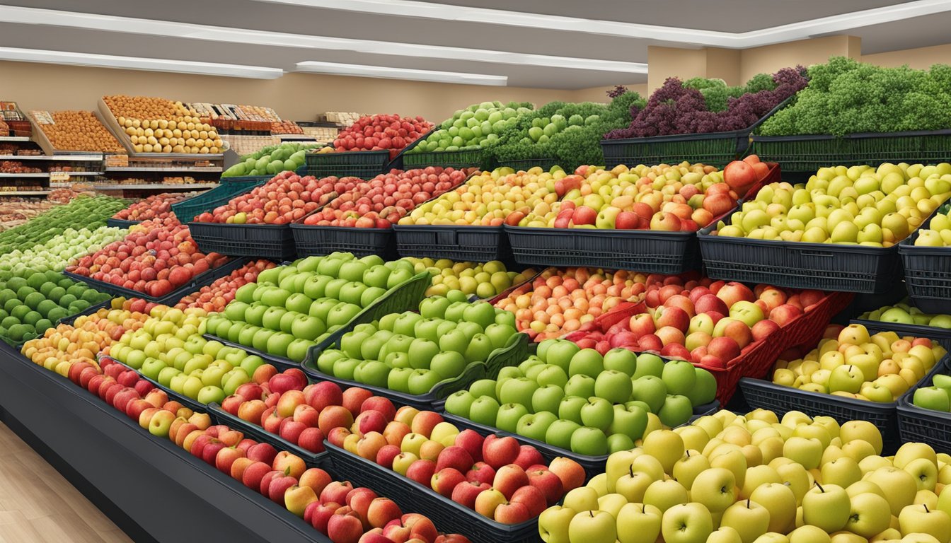 A colorful display of apples in baskets at a Food 4 Less store in Highland Park