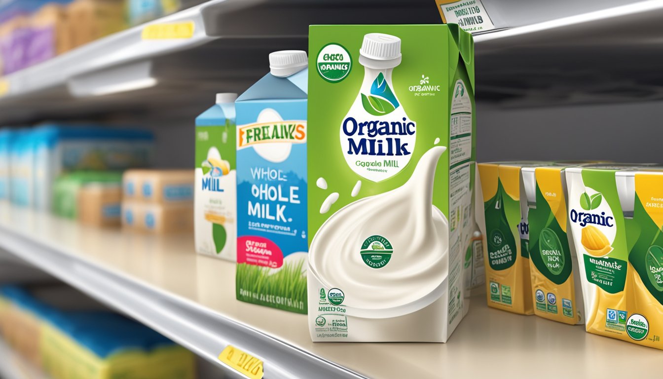 A carton of Organic Whole Milk sits on a shelf in a Food 4 Less store in Highland Park