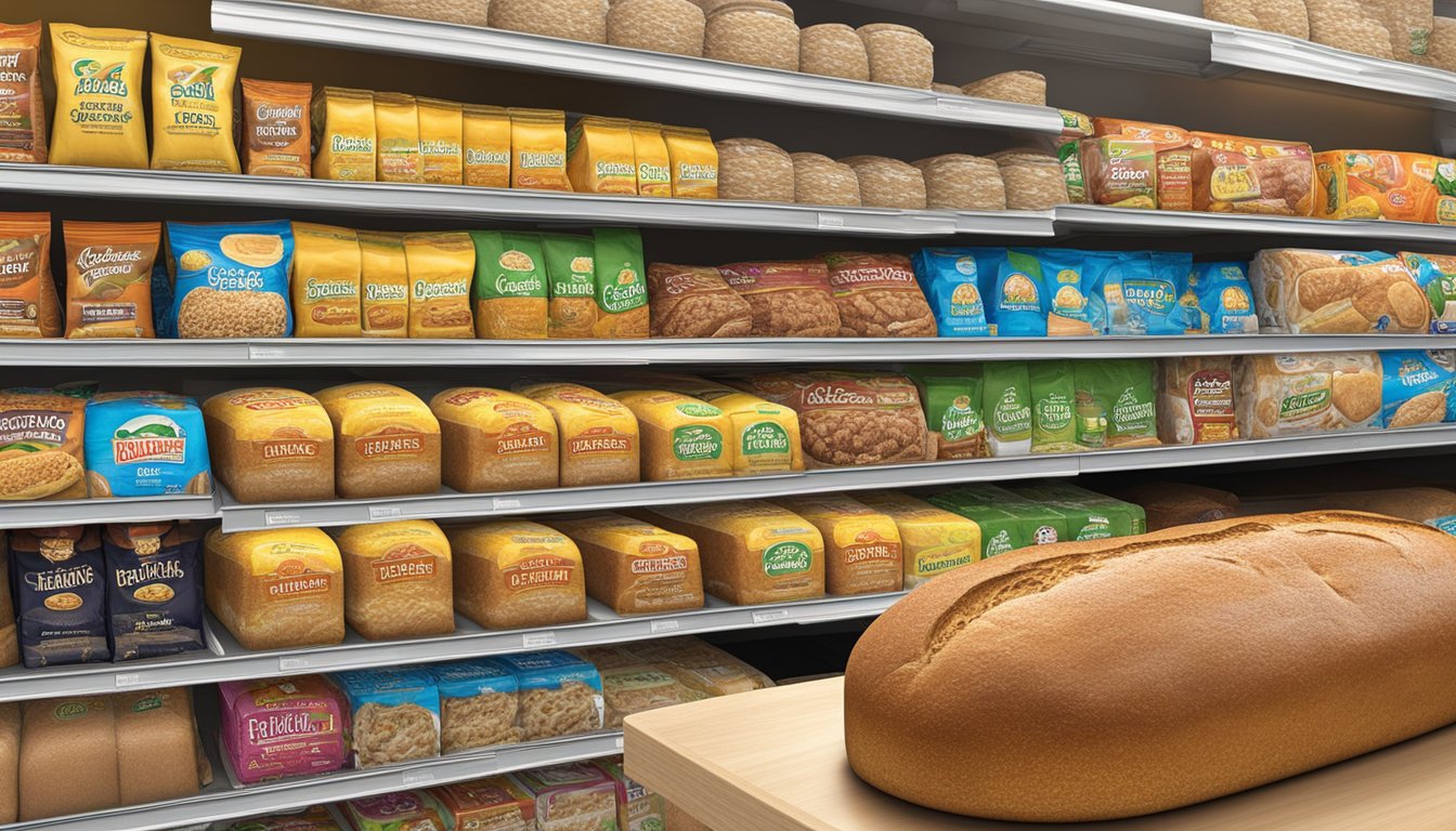 A loaf of Nature's Own Wheat Bread sits on a shelf in a Food 4 Less store in Highland Park. The bread is surrounded by other food items and packaging