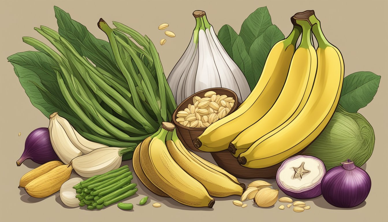 A bunch of bananas surrounded by foods high in silica, such as oats, onions, and green beans, on a wooden table