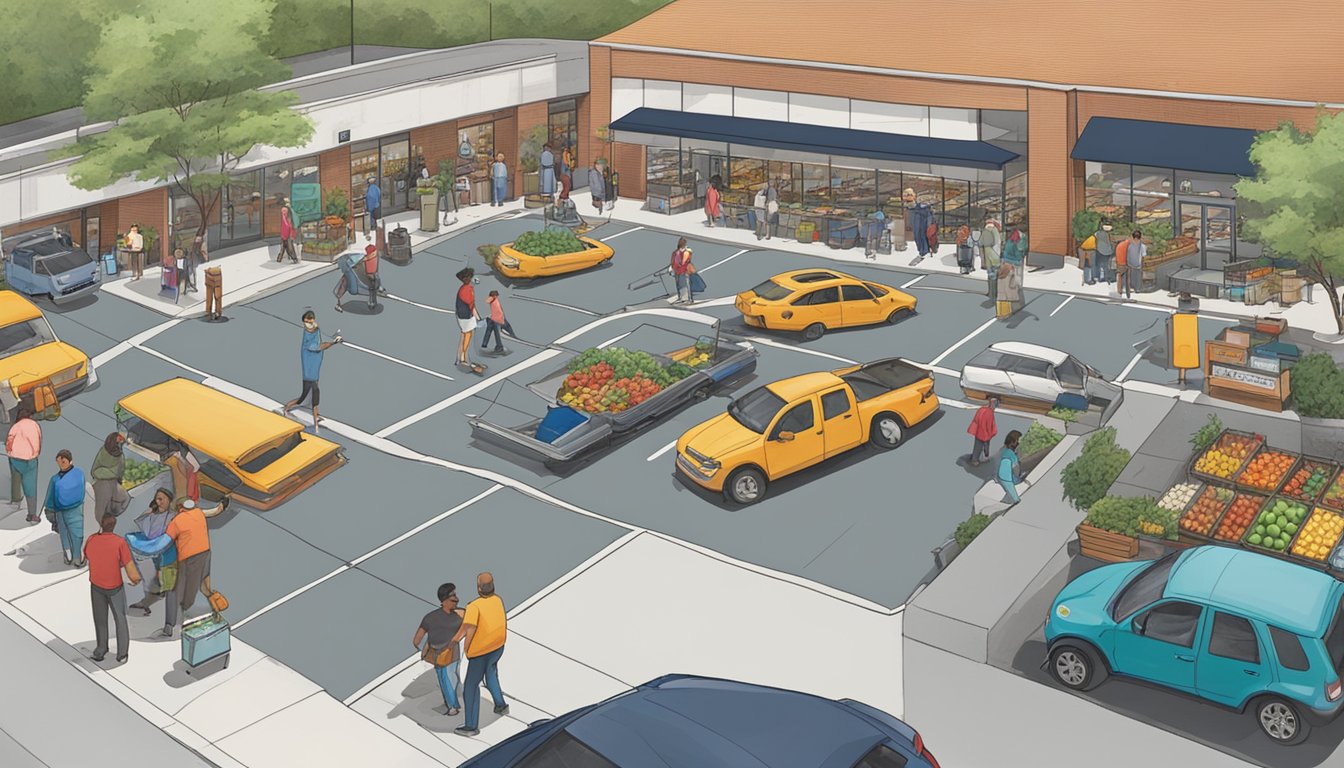 A bustling parking lot outside the Community Impact Food 4 Less in Highland Park, with customers coming and going and loading groceries into their cars