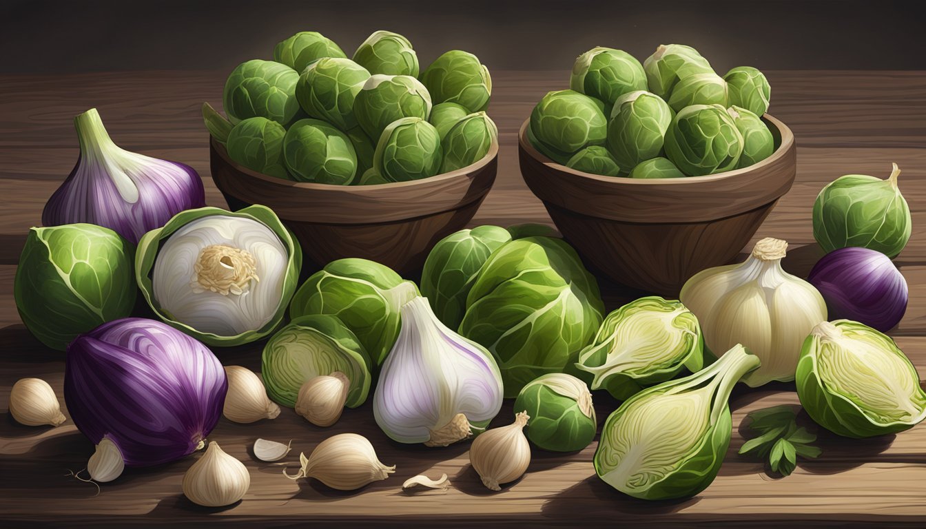 A colorful array of Brussels sprouts, onions, garlic, and other sulfur-rich foods arranged on a rustic wooden table