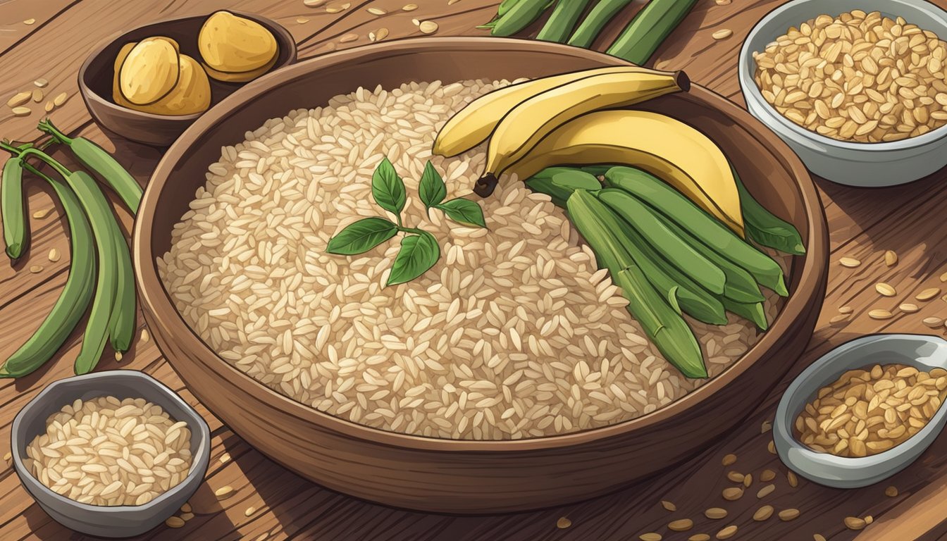 A bowl of brown rice surrounded by foods high in silica, such as bananas, oats, and green beans, on a wooden table