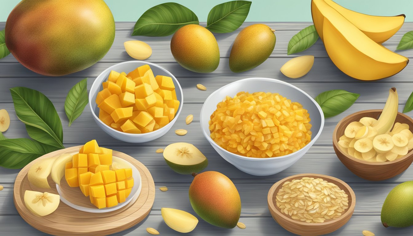 A ripe mango surrounded by foods high in silica, like oats and bananas, on a wooden table