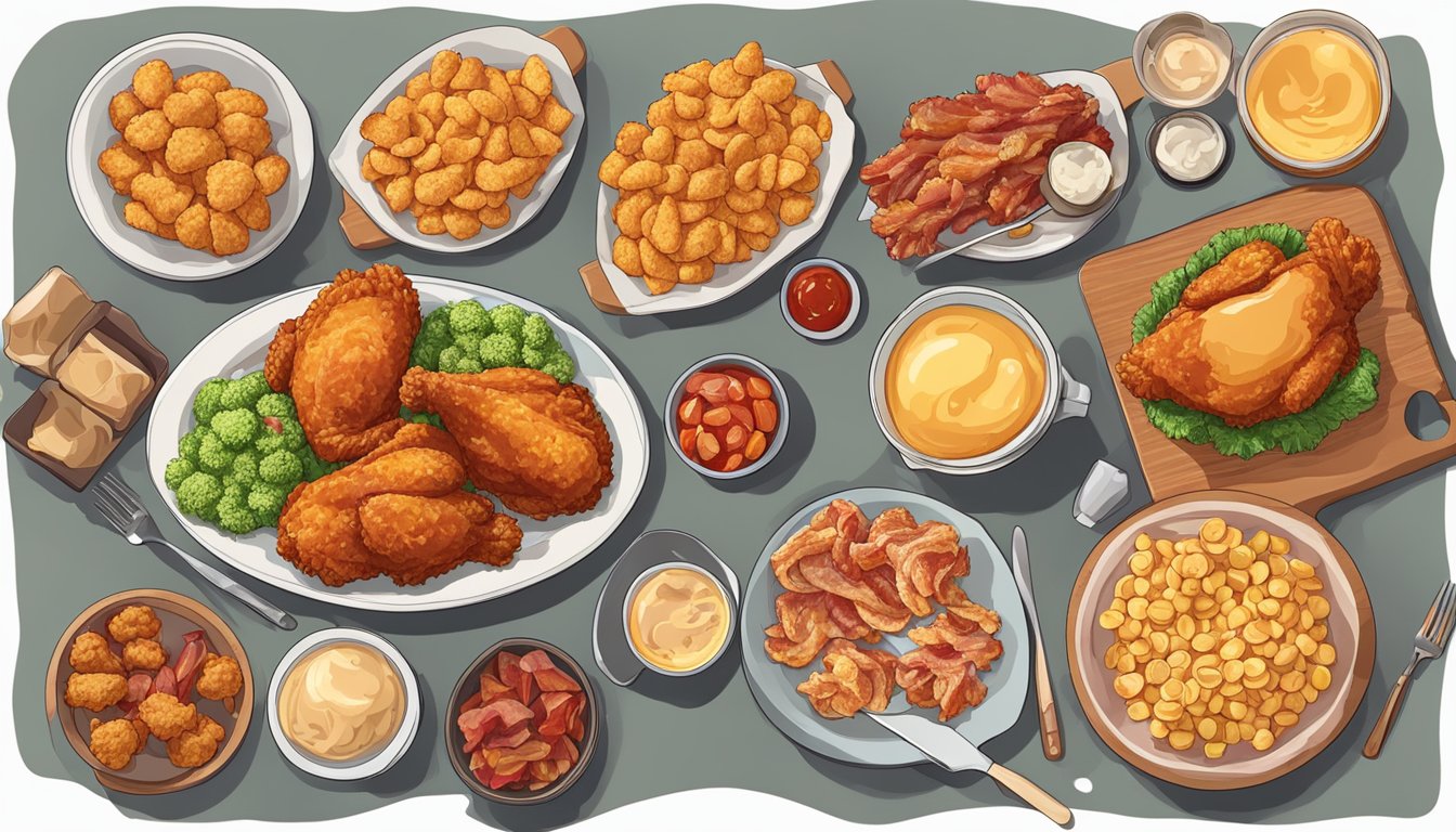 A table filled with high-cholesterol foods like fried chicken, bacon, and processed snacks