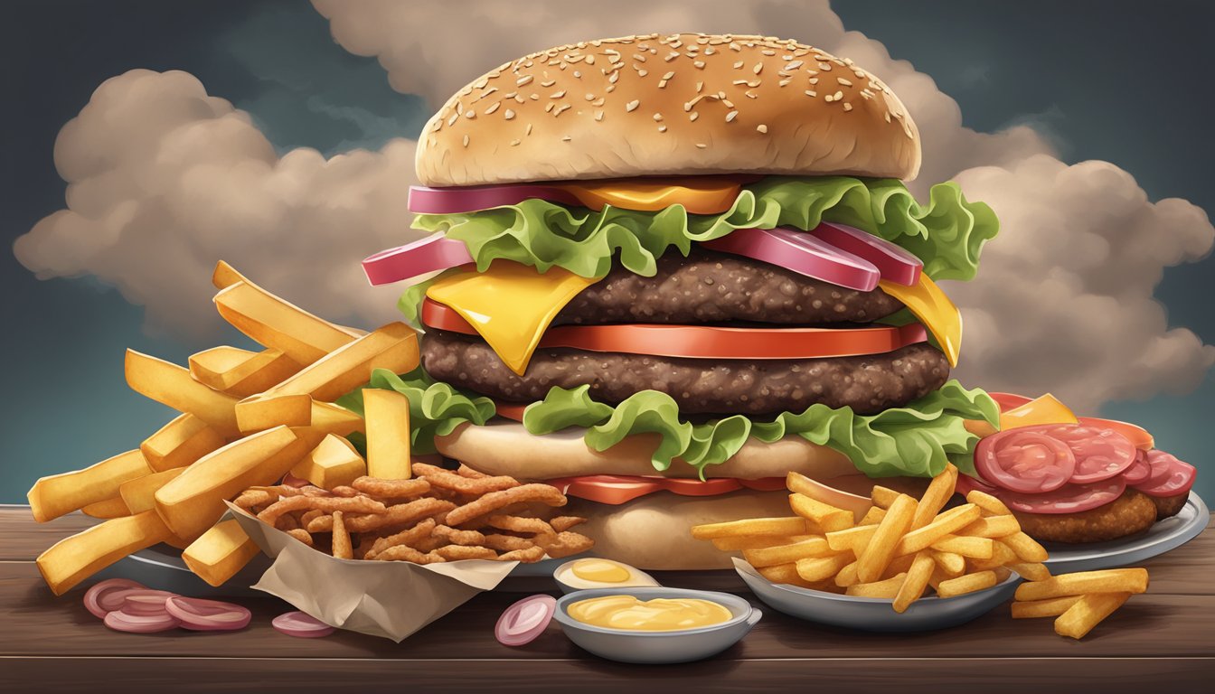 A pile of greasy, unhealthy foods like burgers, fries, and processed meats. A dark cloud hovers above, representing the negative impact of bad cholesterol on the body