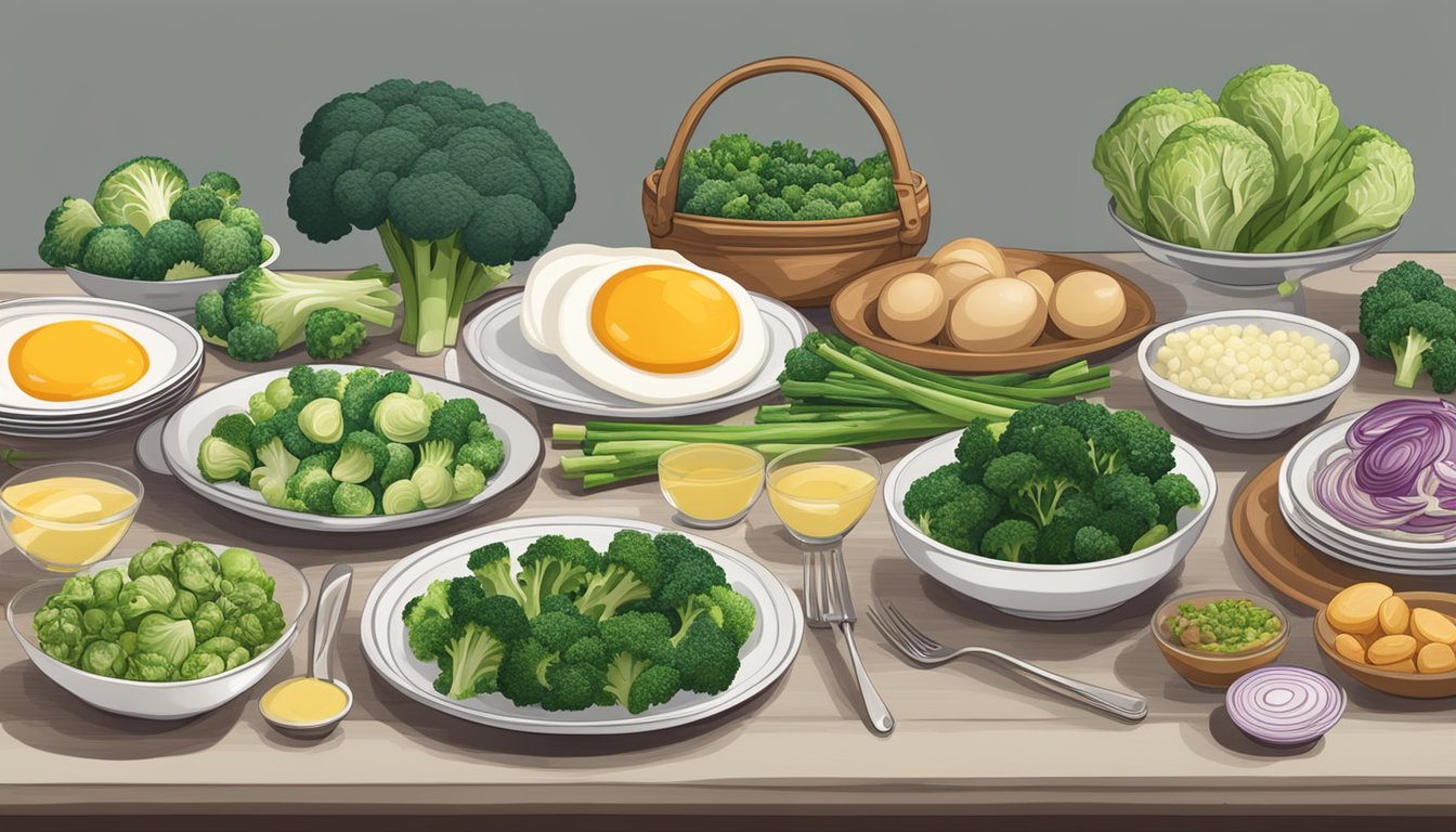 A table with various foods high in sulfur (eggs, garlic, onions, broccoli, kale, cabbage, brussels sprouts, and asparagus) displayed on plates