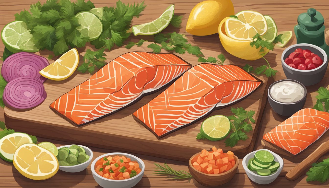 A colorful array of heart-healthy foods, including salmon, arranged on a wooden cutting board