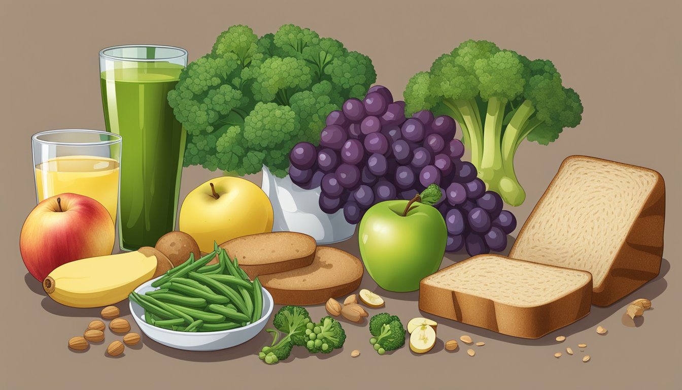 A glass of grape juice surrounded by foods high in chromium: broccoli, potatoes, green beans, apples, bananas, turkey, and whole grain bread