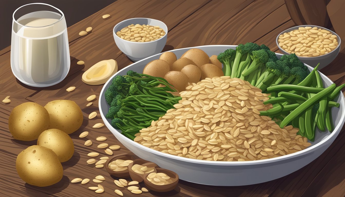 A bowl of oats surrounded by foods rich in chromium, such as broccoli, green beans, and potatoes, arranged on a wooden table