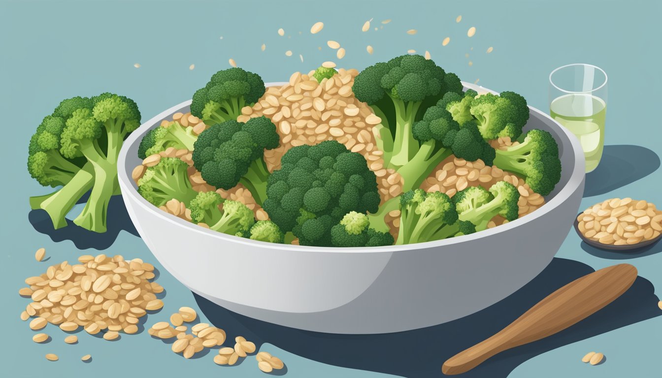 A bowl of cooked broccoli surrounded by other high-fiber foods like oats and beans, with a glass of water on the side