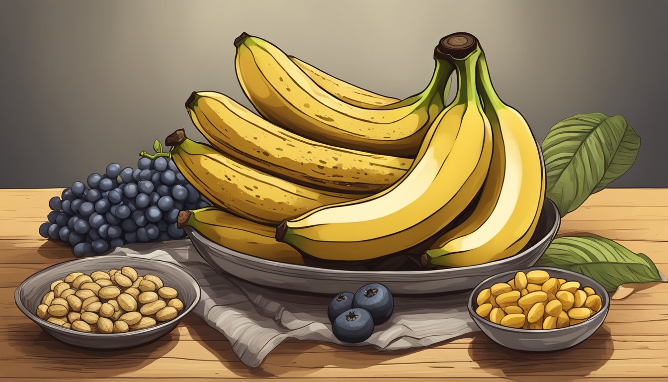 A bunch of ripe bananas surrounded by other foods high in chromium on a wooden table