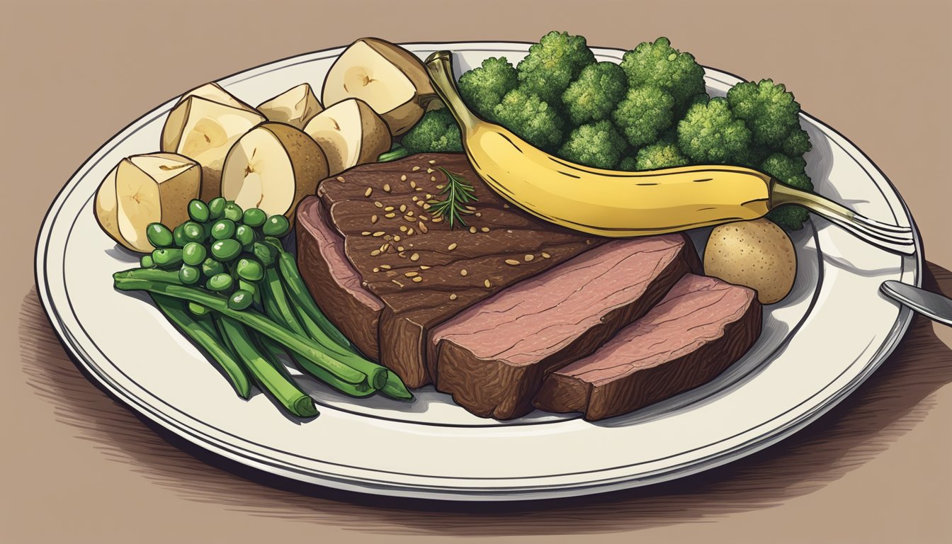 A plate of beef liver surrounded by foods high in chromium: broccoli, barley, oats, green beans, potatoes, apples, bananas, and grape juice