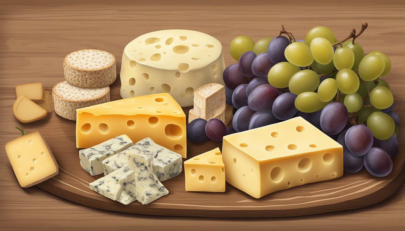 A variety of aged cheeses displayed on a wooden board with grapes and crackers