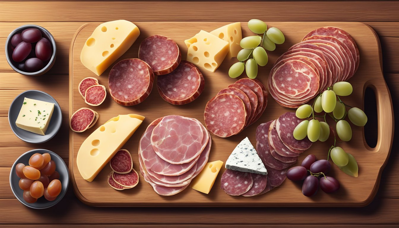 A variety of cured meats, such as salami and prosciutto, arranged on a wooden cutting board with slices of cheese and grapes