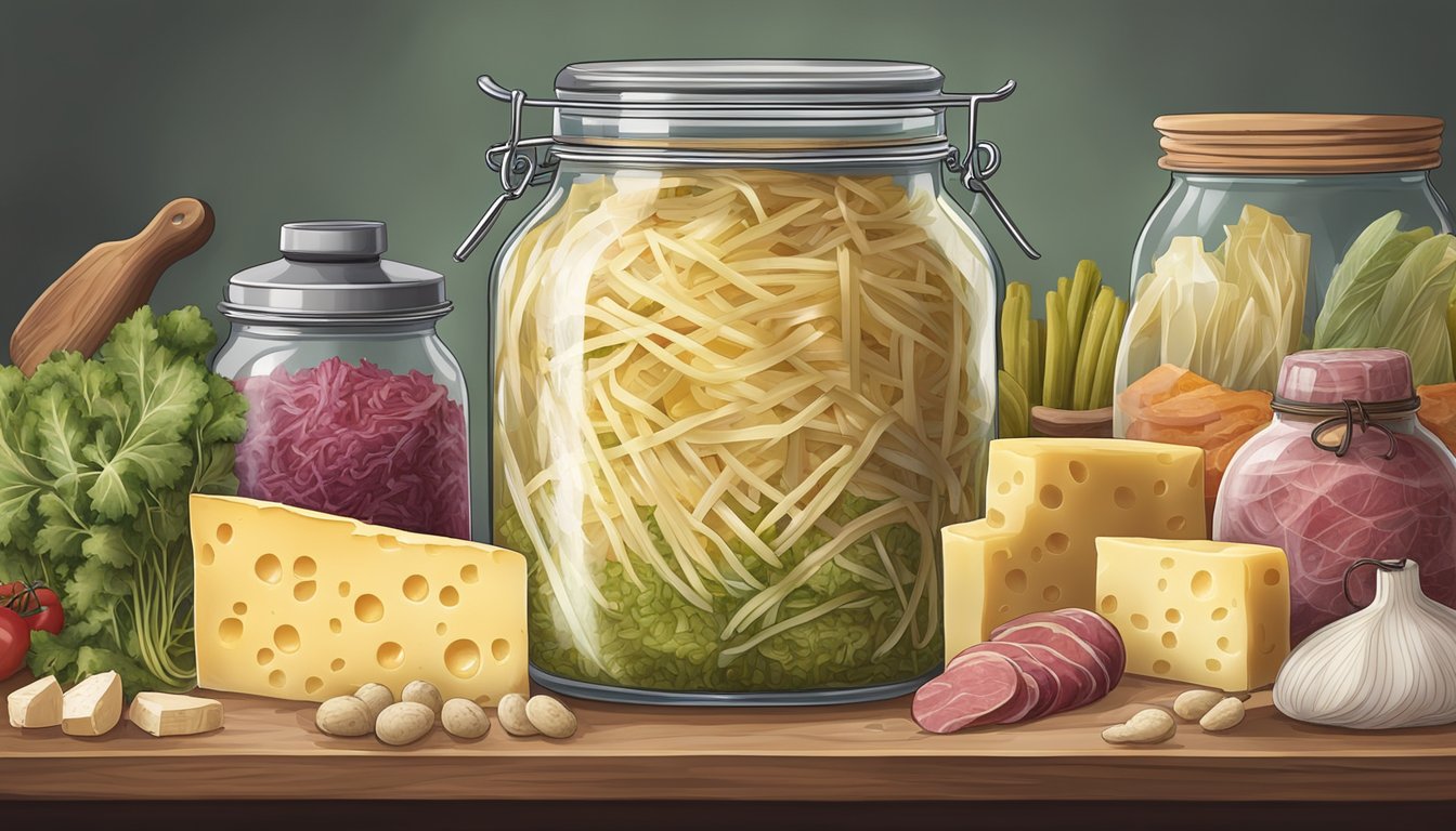 A jar of fermented sauerkraut surrounded by other high histamine foods like aged cheese, cured meats, and pickled vegetables