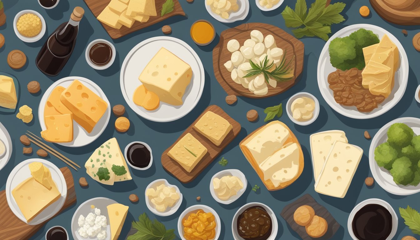 A variety of high histamine foods arranged on a table, including soy sauce, aged cheeses, and fermented products