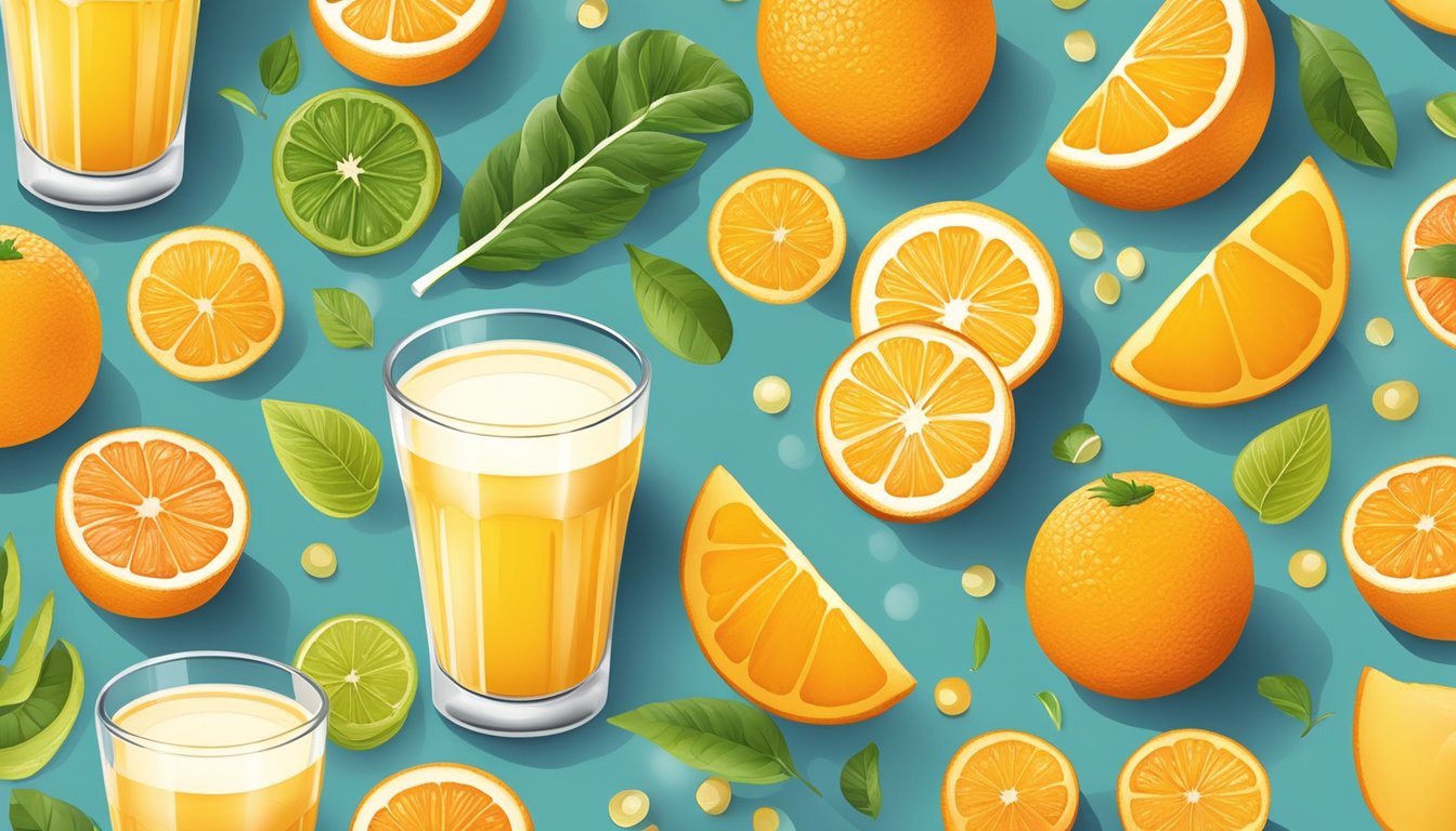 A glass of fortified orange juice surrounded by foods high in vitamin D3