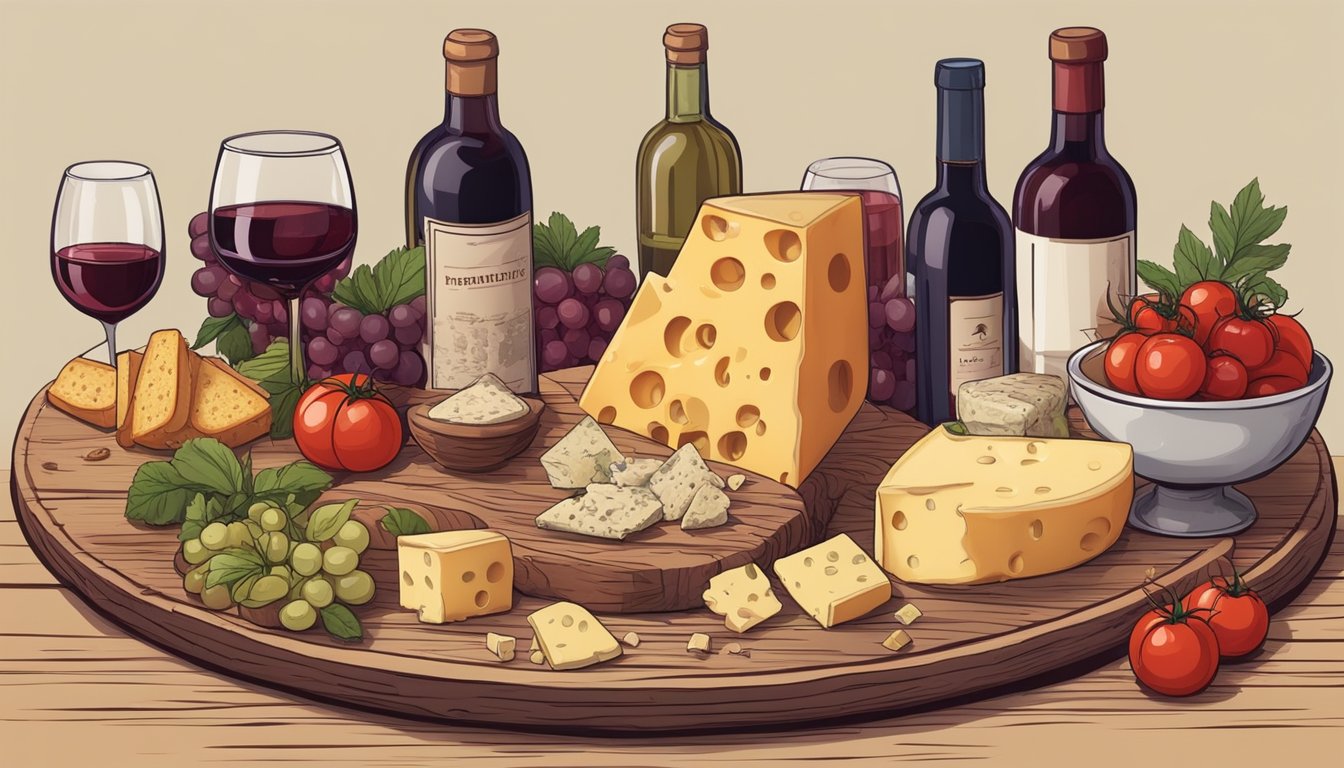 A glass of red wine surrounded by foods high in histamine, such as aged cheese, tomatoes, and fermented products, on a wooden table