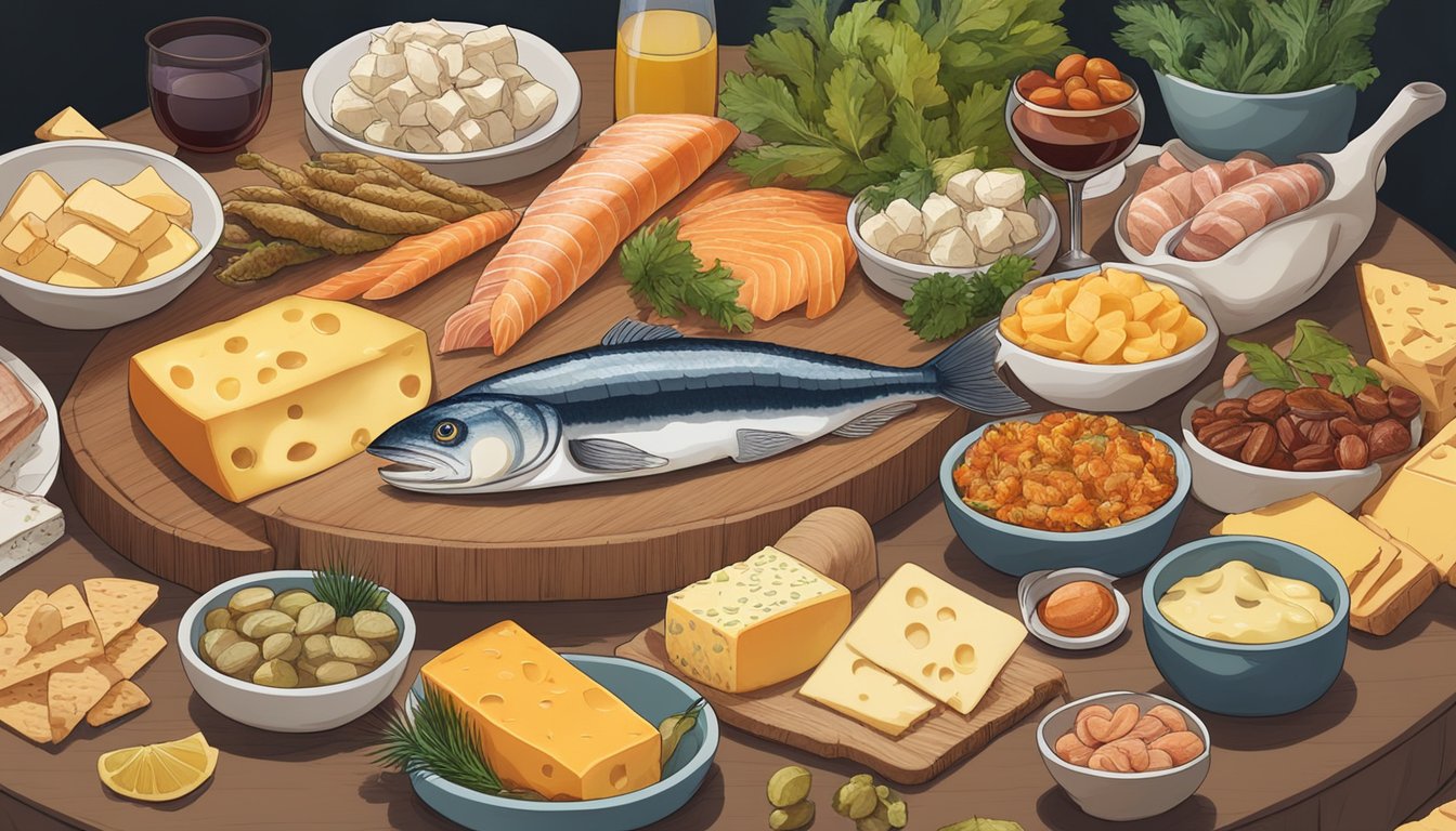 A table with an assortment of smoked fish, aged cheese, and fermented foods, surrounded by a variety of high histamine foods