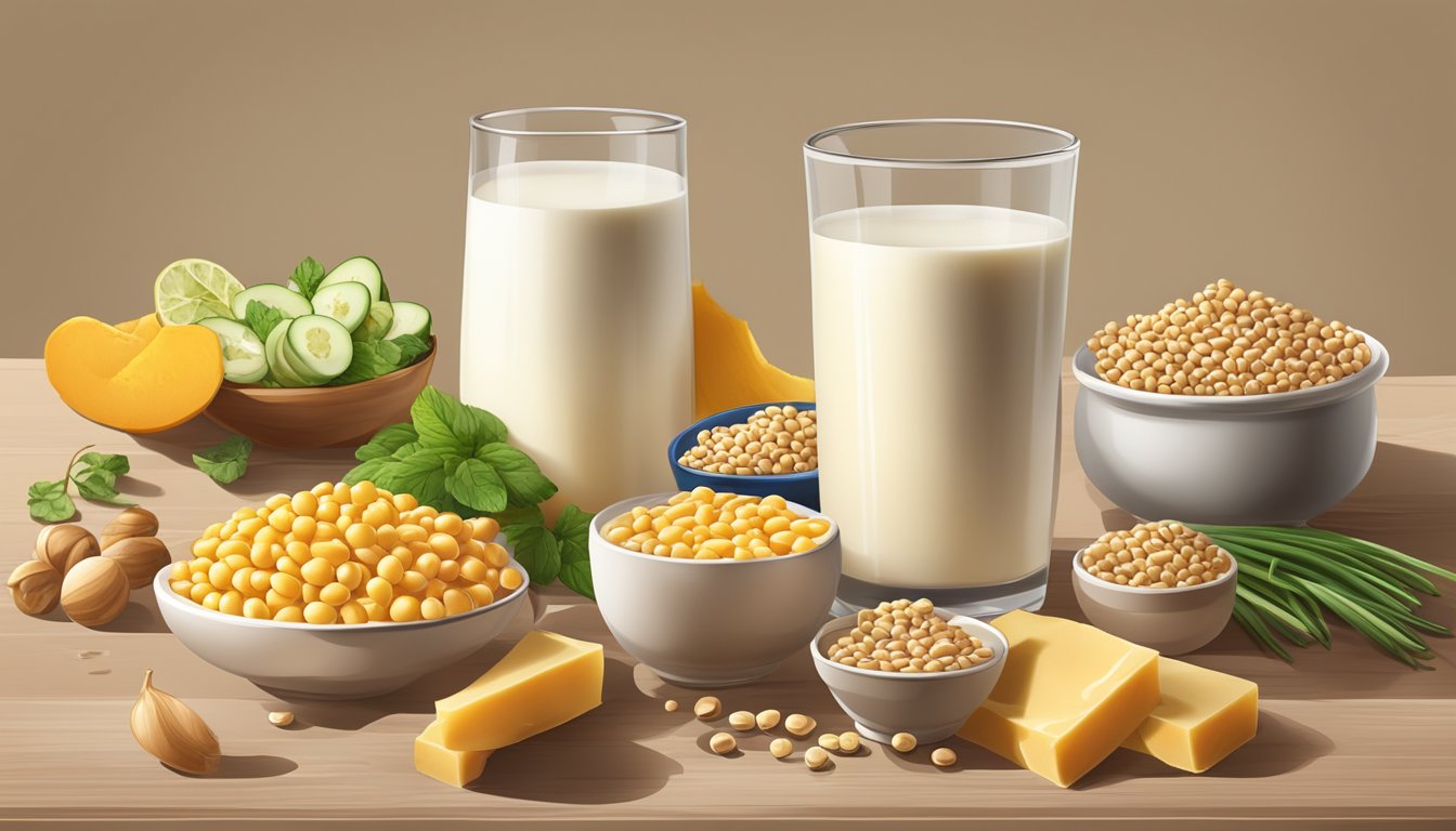 A glass of fortified soy milk surrounded by foods rich in vitamin D3