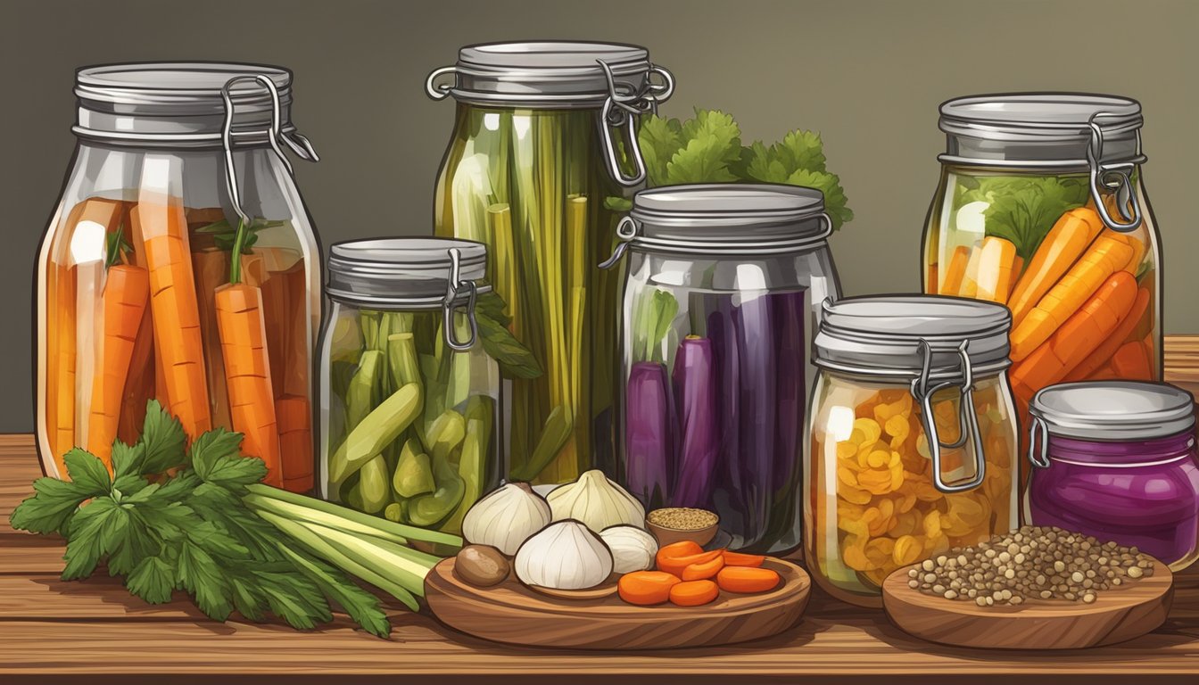 A variety of pickled vegetables arranged on a wooden cutting board, surrounded by jars of vinegar and spices