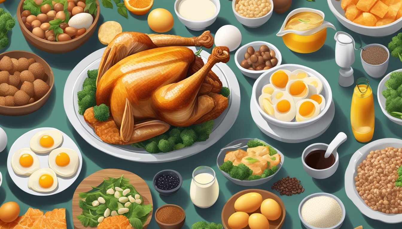 A turkey thigh surrounded by taurine-rich foods, such as fish, eggs, and dairy, arranged on a table