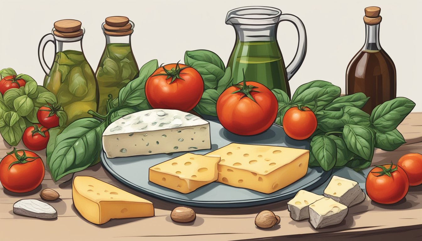 A table with various foods: tomatoes, spinach, fermented cheeses, and vinegar