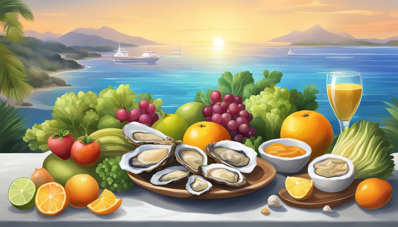 A variety of taurine-rich foods, including oysters, surrounded by vibrant fruits and vegetables, set against a backdrop of a serene ocean landscape