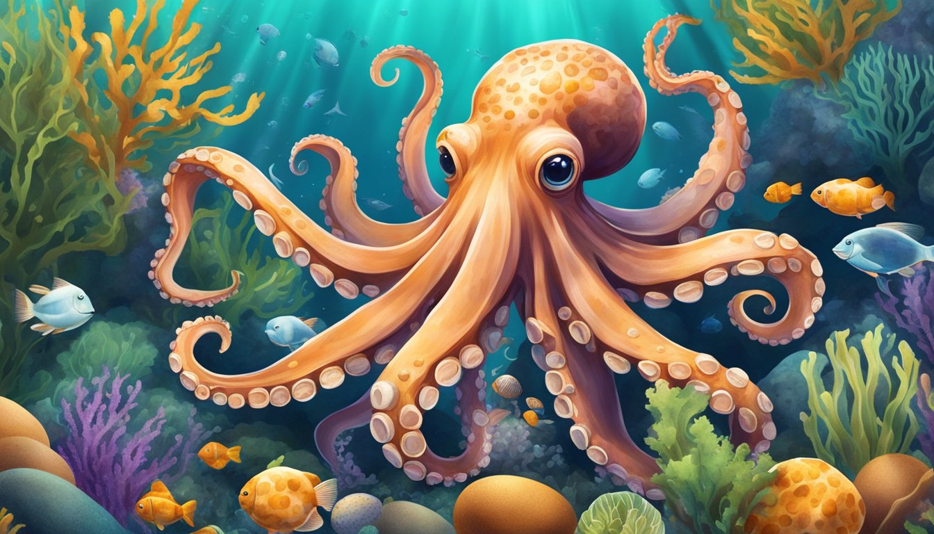 An octopus surrounded by taurine-rich foods like fish, seaweed, and eggs, with a vibrant underwater background