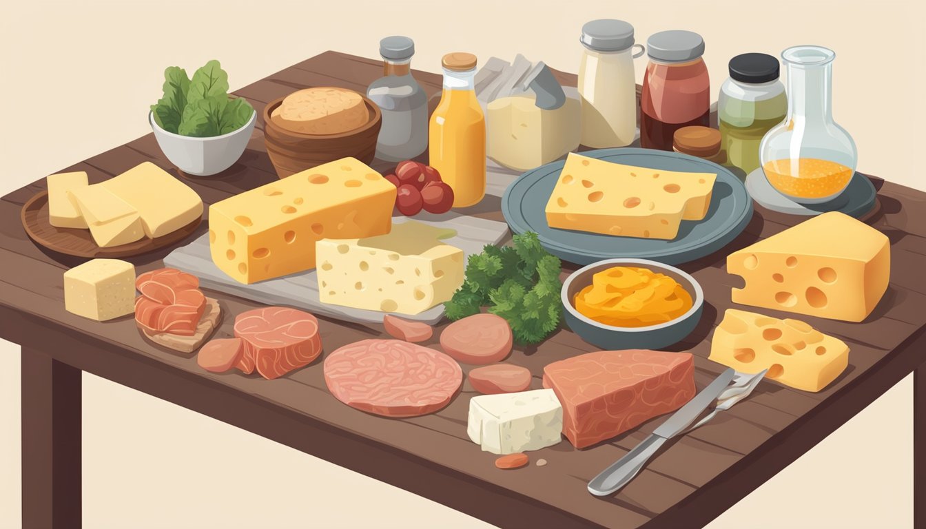 A table with various foods, including aged cheese, fermented products, and processed meats. A person experiencing symptoms of histamine intolerance