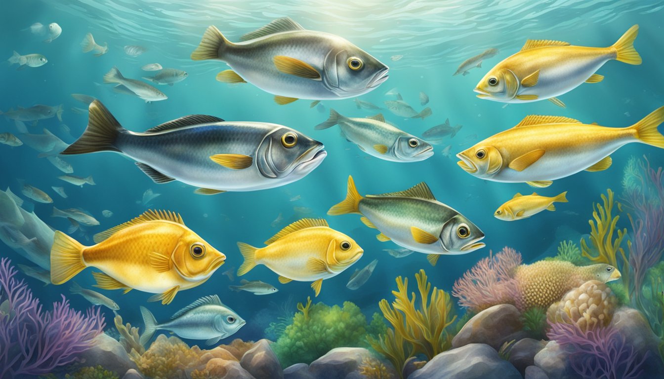 A group of herring swimming alongside taurine-rich foods like eggs, chicken, and seafood in a vibrant underwater setting