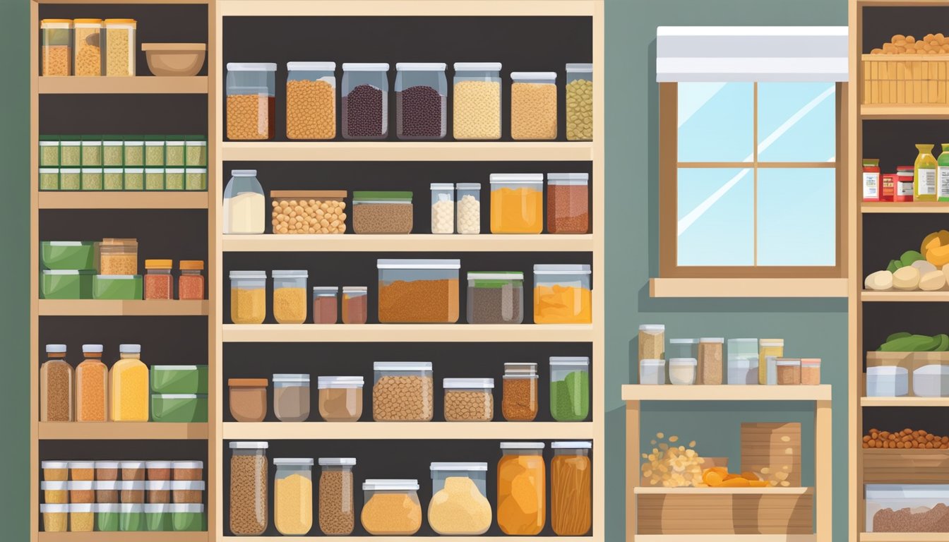 A pantry filled with neatly organized shelves stocked with various affordable bulk food options, including grains, pasta, canned goods, and dried fruits