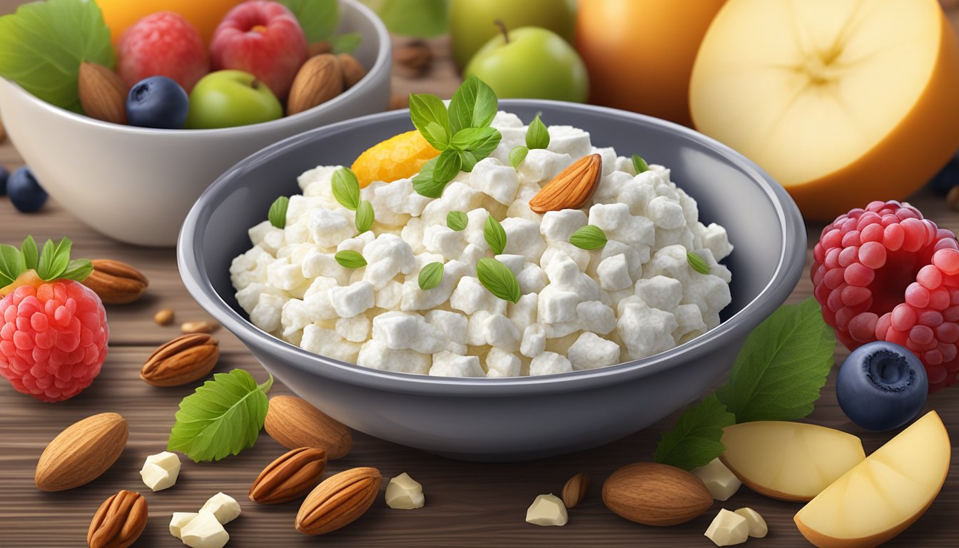 A bowl of cottage cheese surrounded by fresh fruits and nuts on a wooden table