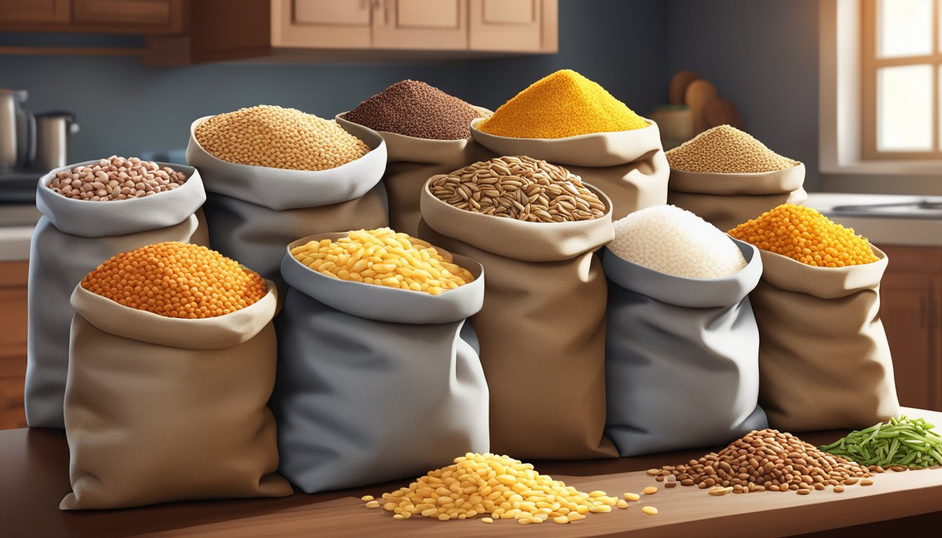 A colorful array of bulk foods, including rice, beans, and grains, spilling out of open sacks onto a kitchen counter, ready to be incorporated into affordable and delicious meals